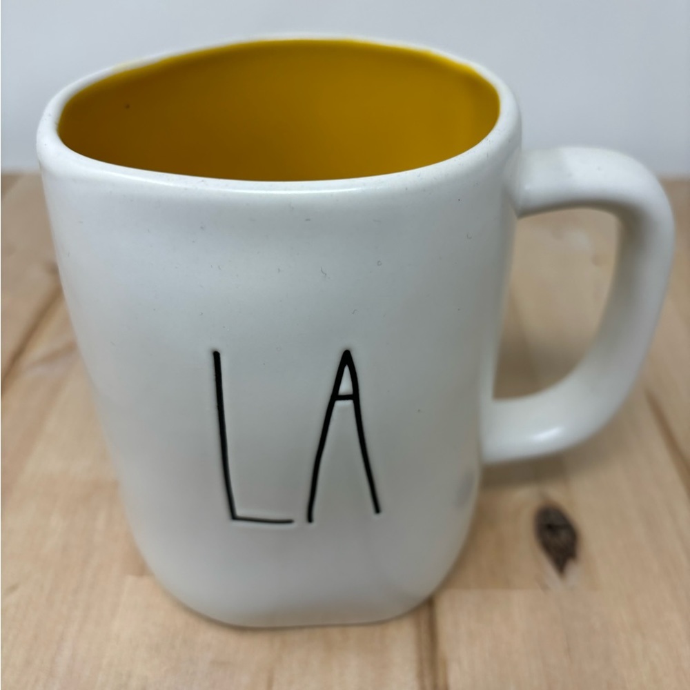 Rae Dunn LA Mug White Yellow Interior Double Sided with Black LL City Series New